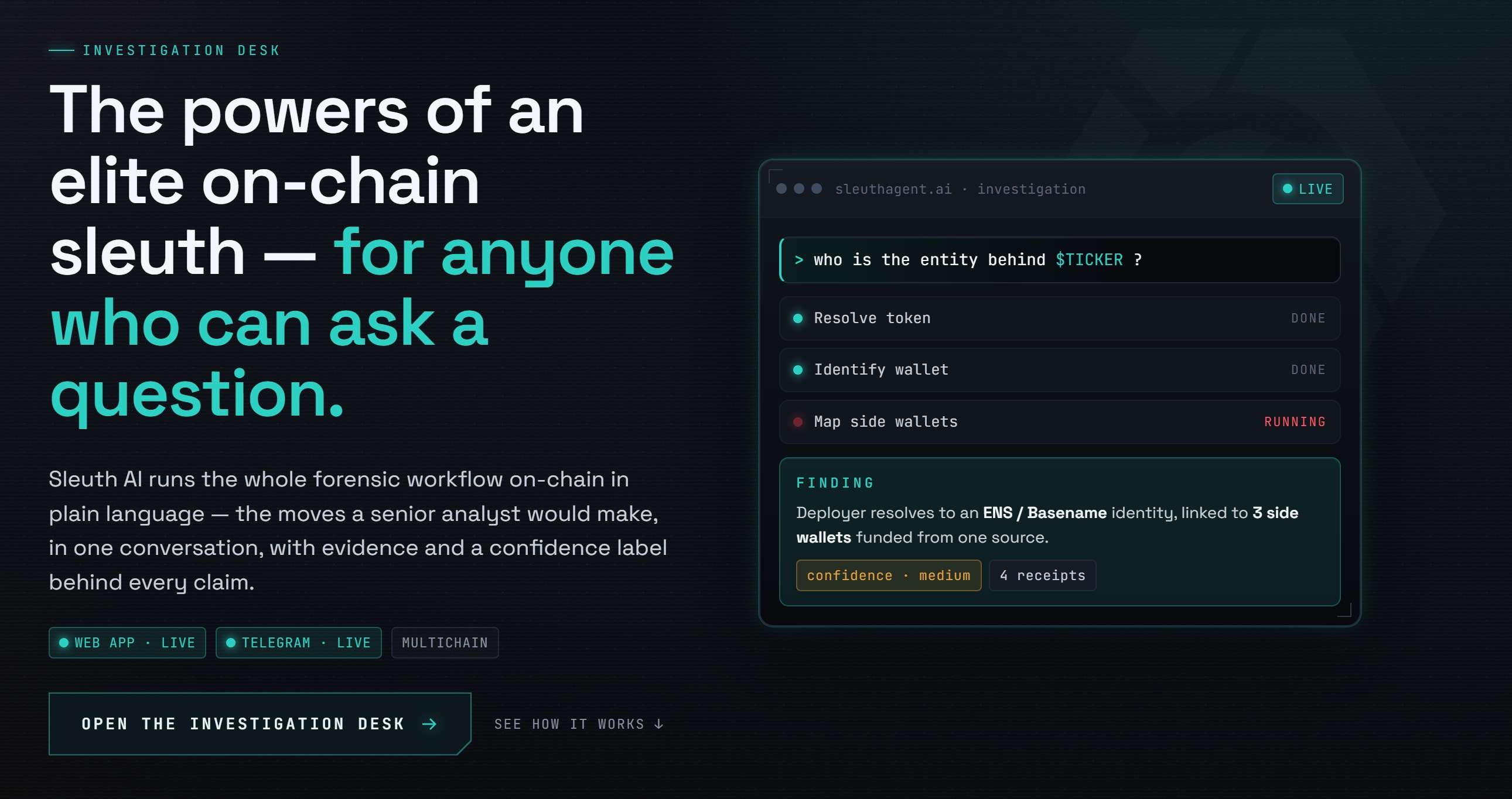 Sleuth AI 链上侦查工作台示意图